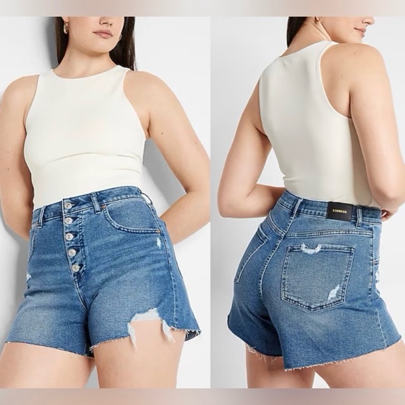 Express Distressed Super High Rise Front Button Fly Cutoff Mom Denim Jean Shorts - Picture 1 of 7